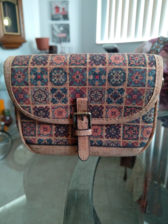 corkcho Handbags - Tile-Print Cork Crossbody Bag in Tan and Multicolor